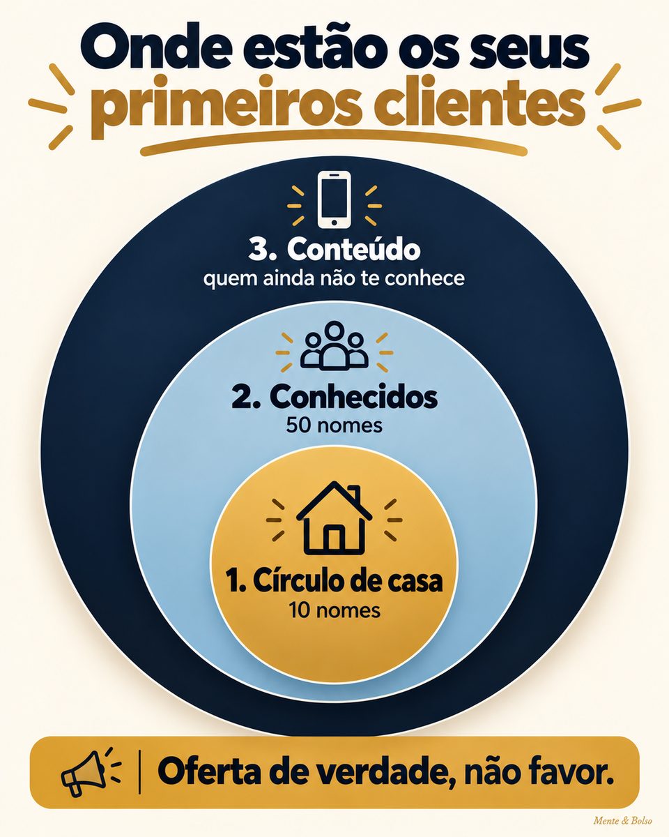 Infográfico Onde estão os seus primeiros clientes: três círculos concêntricos. 1, círculo de casa, 10 nomes; 2, conhecidos, 50 nomes; 3, conteúdo, quem ainda não te conhece. Oferta de verdade, não favor