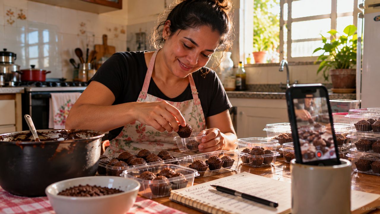 Mulher sorridente de avental na cozinha de casa colocando brigadeiros em potinhos, com o celular apoiado num copo filmando os doces e um caderno de pedidos