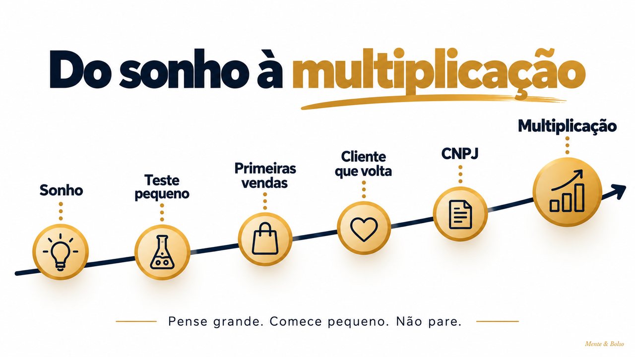 Linha do tempo Do sonho à multiplicação: sonho, teste pequeno, primeiras vendas, cliente que volta, CNPJ e multiplicação. Pense grande, comece pequeno, não pare