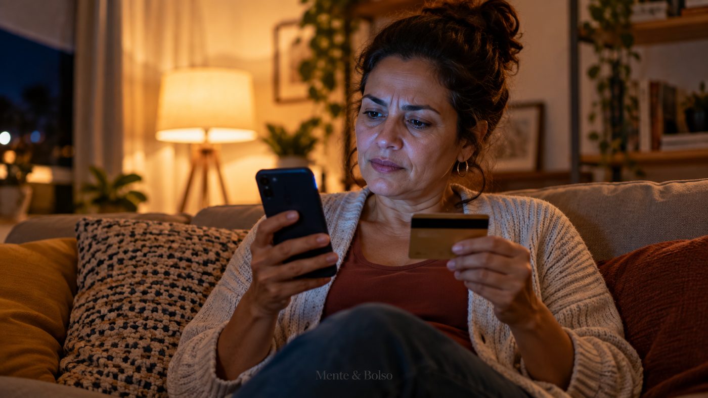 Mulher sentada no sofá à noite, com o celular em uma mão e o cartão de crédito na outra, pensando antes de finalizar uma compra