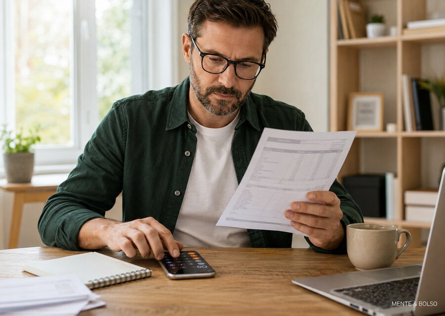 Homem de óculos analisando um holerite e usando a calculadora do celular, em uma mesa de escritório em casa