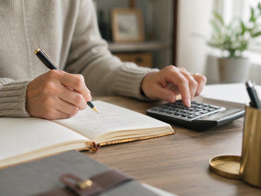 Mãos calculando dívidas em uma calculadora, com uma lista escrita à mão em um caderno ao lado