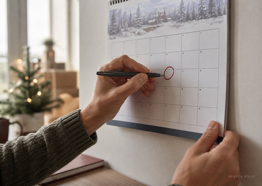 Mão circulando uma data no calendário de parede, em ambiente decorado para o fim de ano