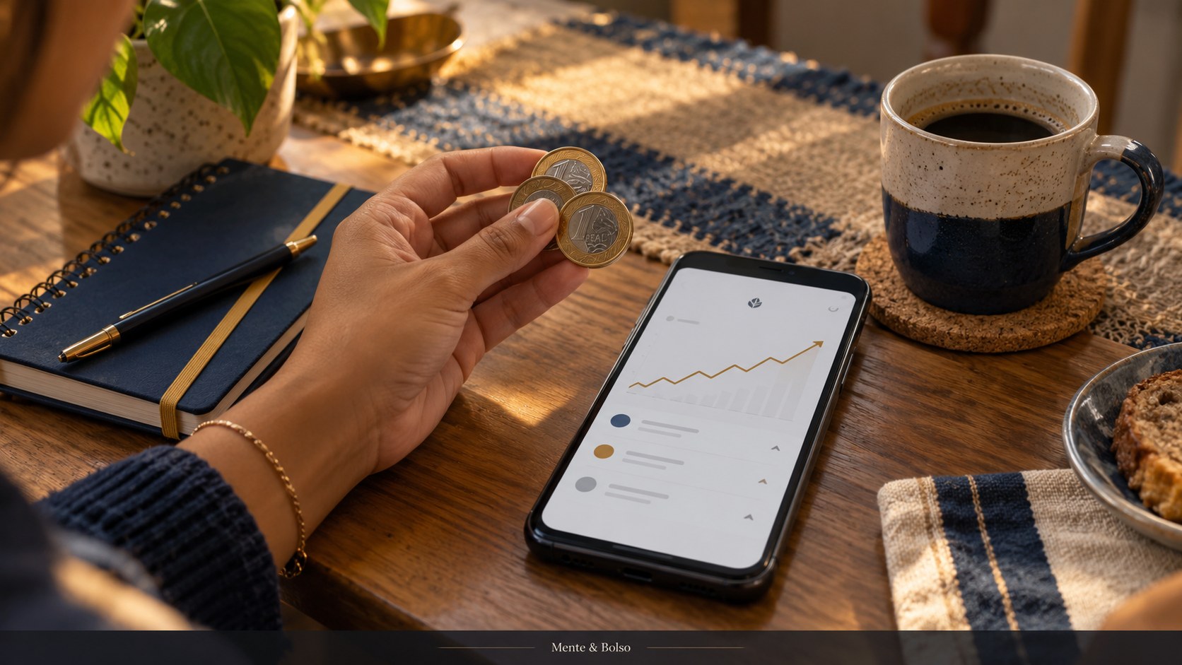 Mão segurando moedas e celular com aplicativo de investimentos, simbolizando como juntar R$10 mil guardando R$20 por dia