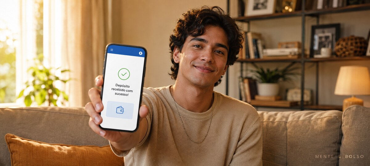 Jovem sorrindo em casa, mostrando o celular com notificação de depósito recebido com sucesso no aplicativo do banco