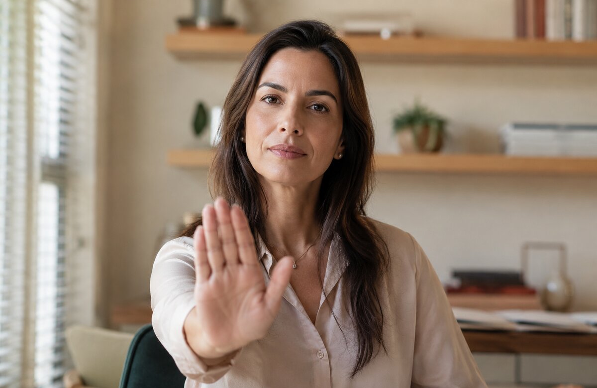 Mulher em postura confiante fazendo o gesto de pare com a mão, representando o ato de dizer não com serenidade