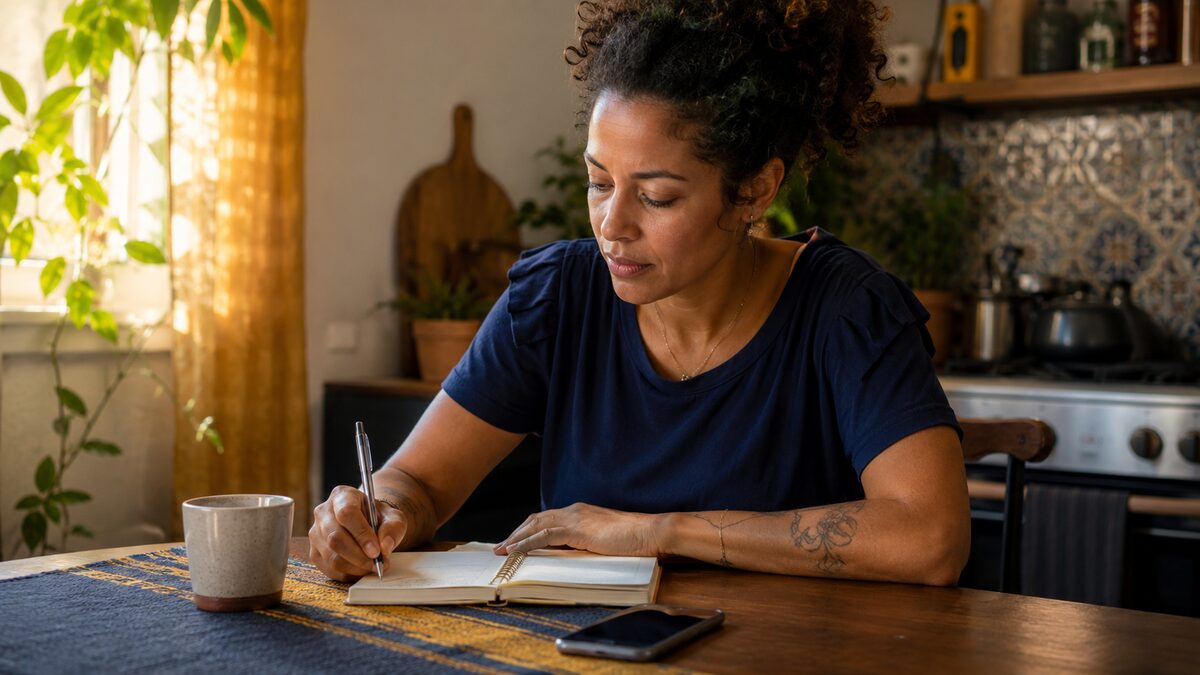 Mulher anotando gastos em um caderno na mesa da cozinha de casa, com celular e xícara de café ao lado