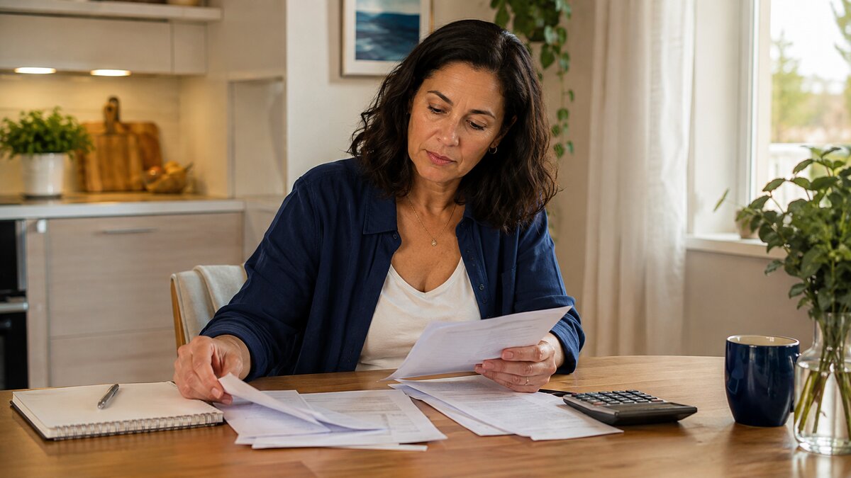 Mulher analisando boletos e contas na mesa da cozinha de casa, calculadora e caderno ao lado