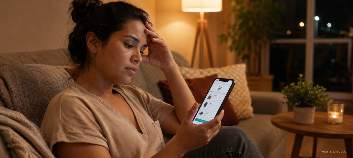 Mulher sentada no sofá à noite, olhando o celular com um carrinho de compras aberto, com expressão pensativa e a mão na testa