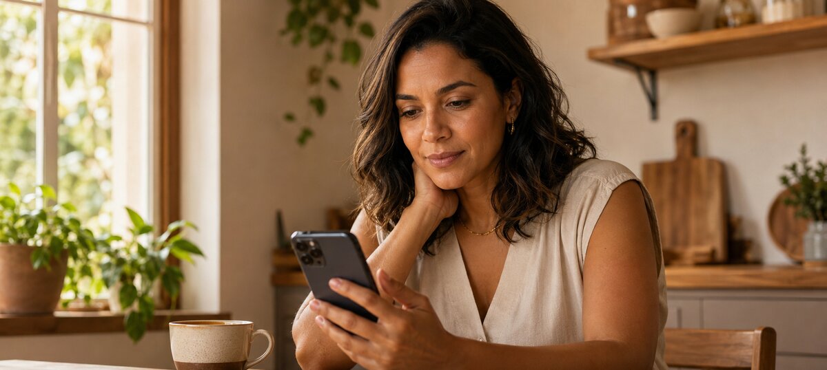 Mulher olhando pensativa para o celular com aplicativo de finanças, xícara de café ao lado, em casa