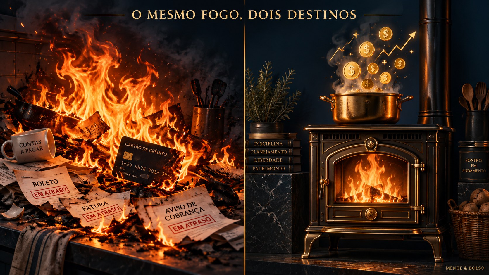 Ilustração de duas chamas idênticas, uma virando um incêndio descontrolado e outra queimando controlada dentro de um fogão, representando os dois destinos possíveis da dívida