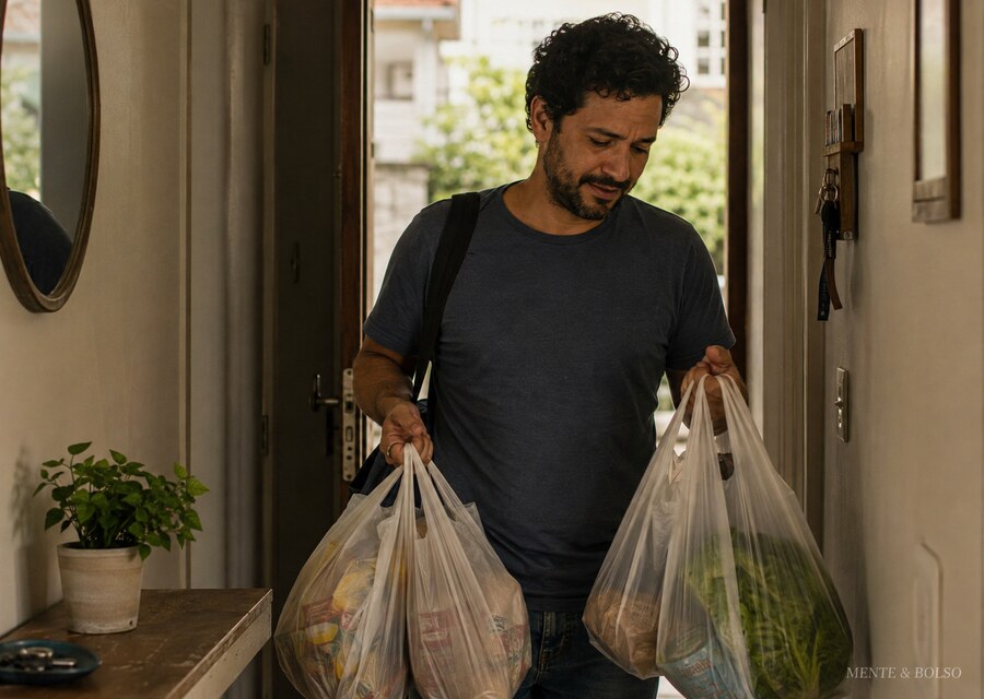 Homem carregando sacolas de compras ao entrar em casa, com expressão que mistura alívio e preocupação