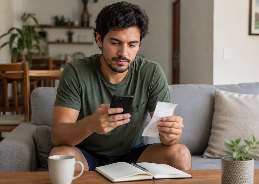 Homem sentado no sofá de casa, anotando um gasto no celular logo após pagar algo, segurando um comprovante na outra mão