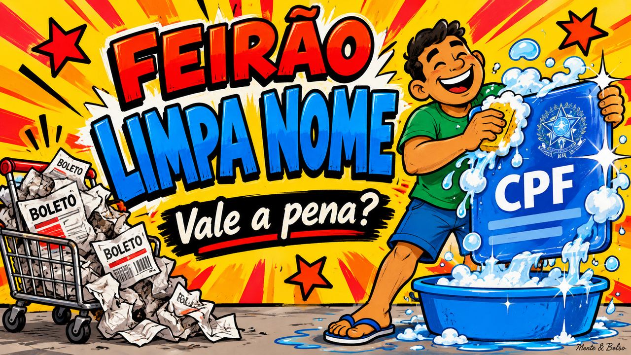 Cartaz popular colorido com o título Feirão Limpa Nome, vale a pena?, e um homem sorridente lavando um CPF gigante numa bacia com espuma, ao lado de um carrinho cheio de boletos