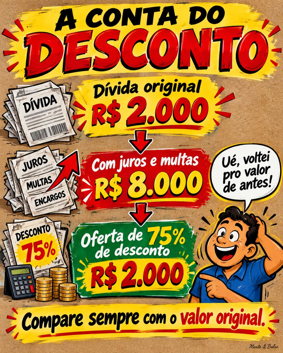 Infográfico estilo cartaz de mercadinho, a conta do desconto: dívida original de R$ 2.000; com juros e multas, R$ 8.000; oferta de 75% de desconto, R$ 2.000. Um personagem diz: Ué, voltei pro valor de antes! Compare sempre com o valor original