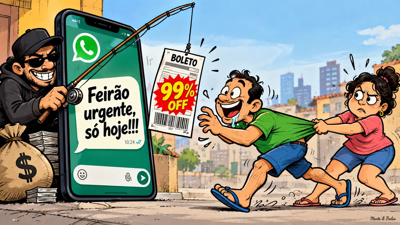 Charge colorida: um golpista escondido atrás de um celular gigante com a mensagem Feirão urgente, só hoje, pescando com um boleto de 99% off, enquanto um homem quase morde a isca e a esposa o puxa pela camiseta