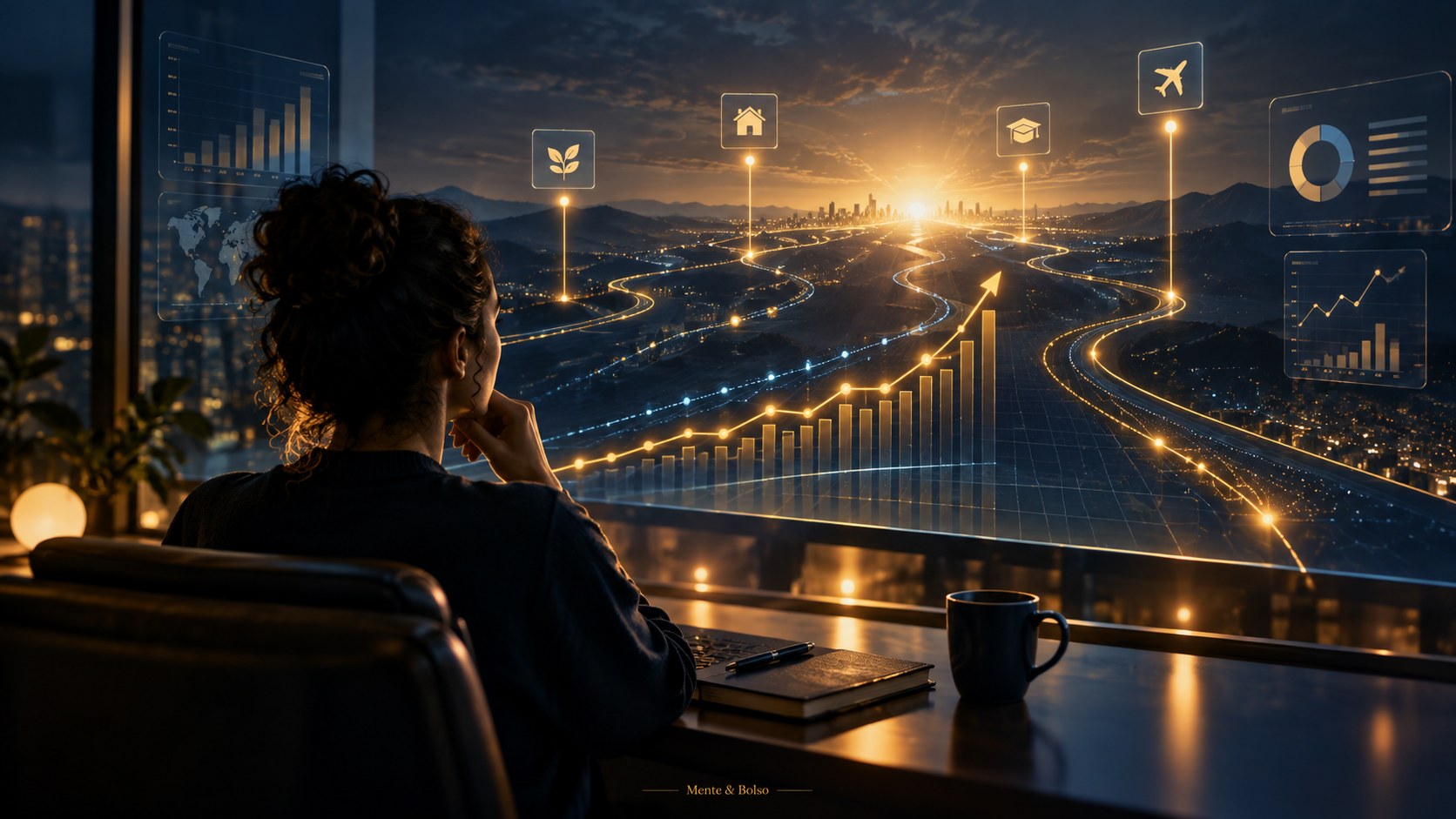 Gráfico futurista de crescimento representando as possibilidades de quem investe em si mesmo com constância