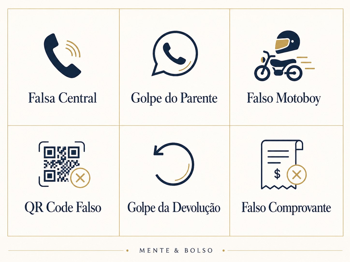Infográfico com os seis golpes de Pix mais comuns: falsa central de atendimento, golpe do parente no WhatsApp, falso motoboy, QR code trocado, golpe da devolução e falso comprovante