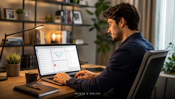 Homem trabalhando em um escritório em casa, olhando para um notebook com múltiplas janelas organizadas automaticamente na tela, incluindo agenda e tarefas