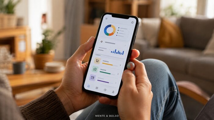 Mãos segurando um smartphone com um aplicativo financeiro aberto, mostrando gráficos de gastos organizados com apoio de inteligência artificial