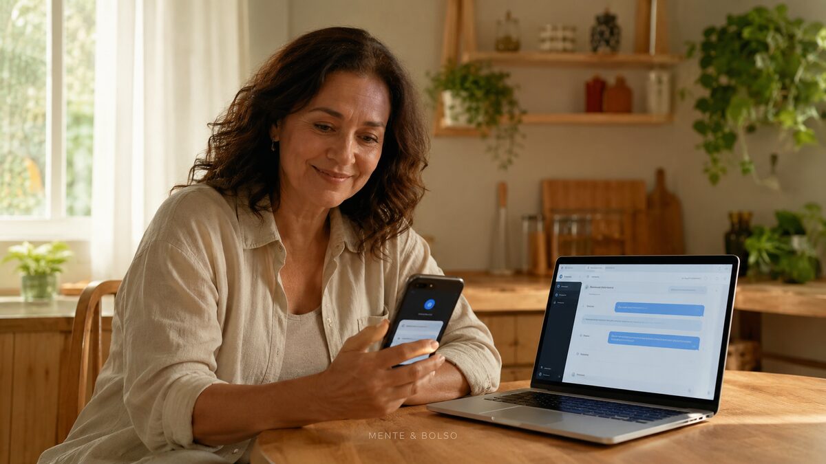Mulher sorrindo em casa enquanto usa o celular com um assistente de inteligência artificial, notebook aberto ao lado na mesa da cozinha