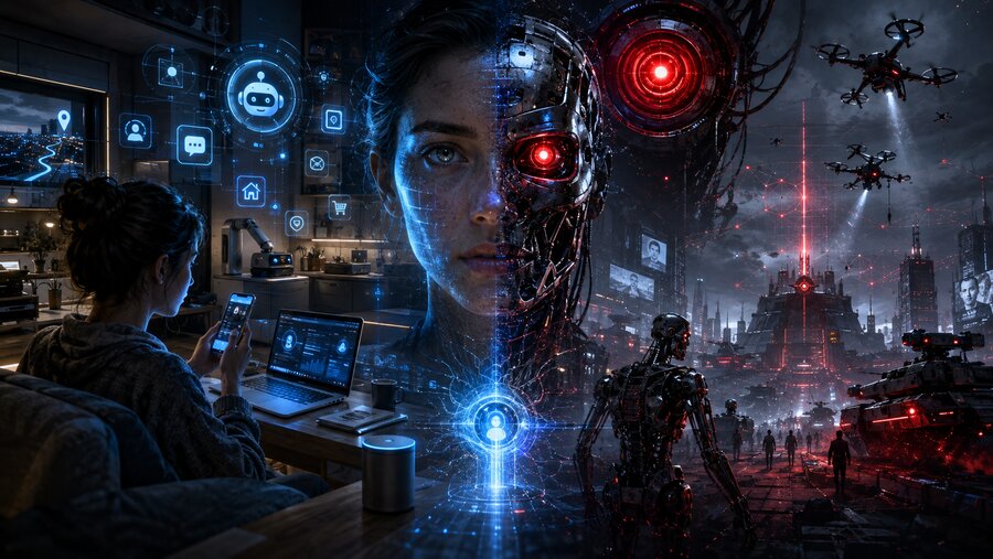 Imagem dividida ao meio: à esquerda, uma mulher em casa usando celular e notebook de forma tranquila e cotidiana; à direita, uma representação de ficção científica com robôs e uma cidade futurista sombria