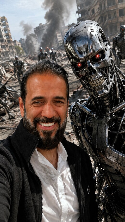 Montagem bem-humorada de Joaquim Carvalho sorrindo ao lado de um robô Exterminador em um cenário de cidade destruída, ilustrando a distância entre a ficção de Skynet e a realidade