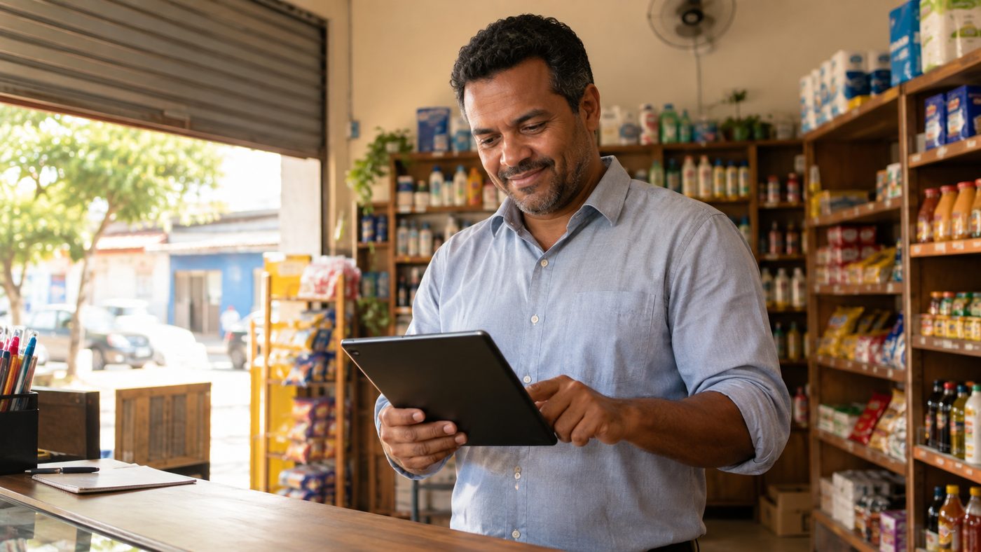 Dono de mercearia de bairro sorrindo enquanto usa um tablet atrás do balcão, com a porta de enrolar aberta e luz da manhã