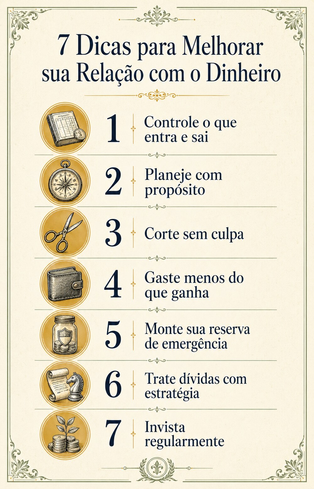 Infográfico com as 7 dicas para melhorar sua relação com o dinheiro: controlar o que entra e sai, planejar com propósito, cortar sem culpa, gastar menos do que ganha, montar reserva de emergência, tratar dívidas com estratégia e investir regularmente
