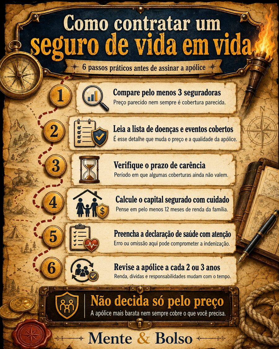 Infográfico com 6 passos práticos para contratar um seguro de vida em vida: comparar seguradoras, ler a lista de coberturas, verificar carência, calcular o capital segurado, preencher a declaração de saúde e revisar a apólice periodicamente