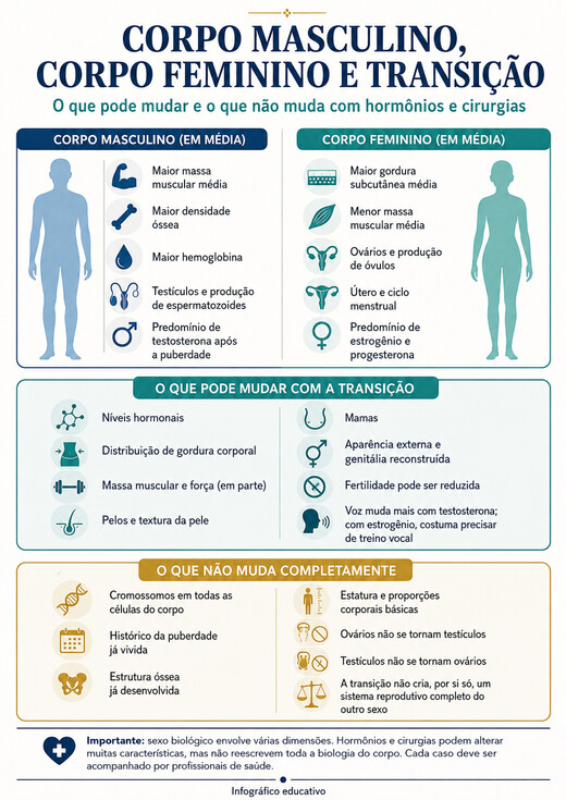 Infográfico explicando o que muda e o que não muda biologicamente com hormônios e cirurgias na transição de gênero, incluindo cromossomos, estrutura óssea e histórico de puberdade