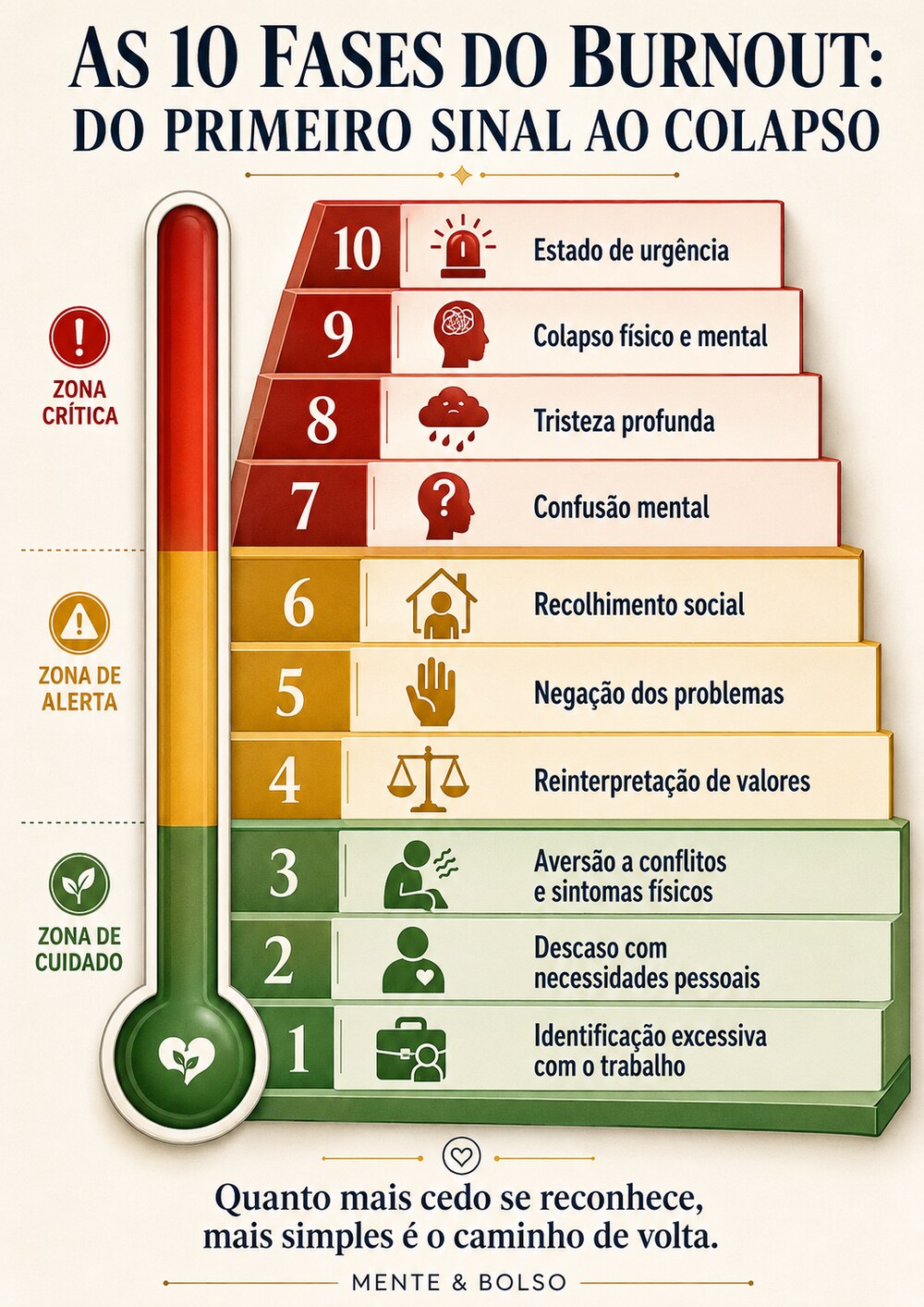 Infográfico com as 10 fases do burnout, do primeiro sinal ao colapso, organizadas em zona de cuidado, zona de alerta e zona crítica