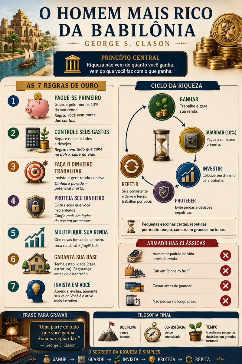 Infográfico com as 7 regras de ouro de O Homem Mais Rico da Babilônia, de George S. Clason