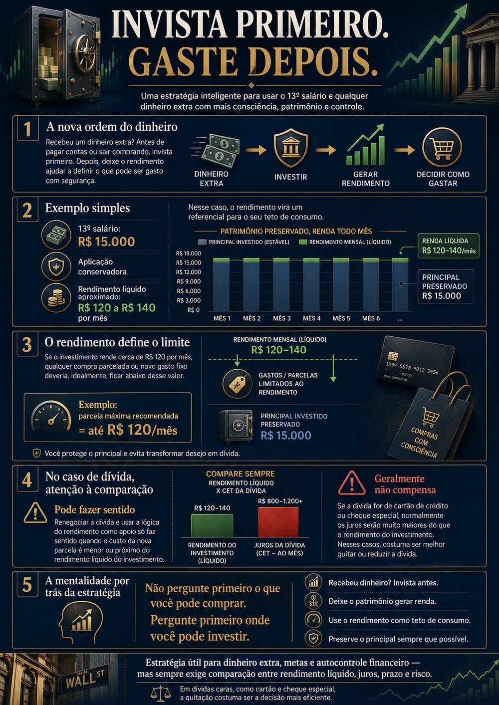 Infográfico Invista primeiro, gaste depois: uma estratégia para usar o 13º salário e qualquer dinheiro extra com mais consciência, patrimônio e controle