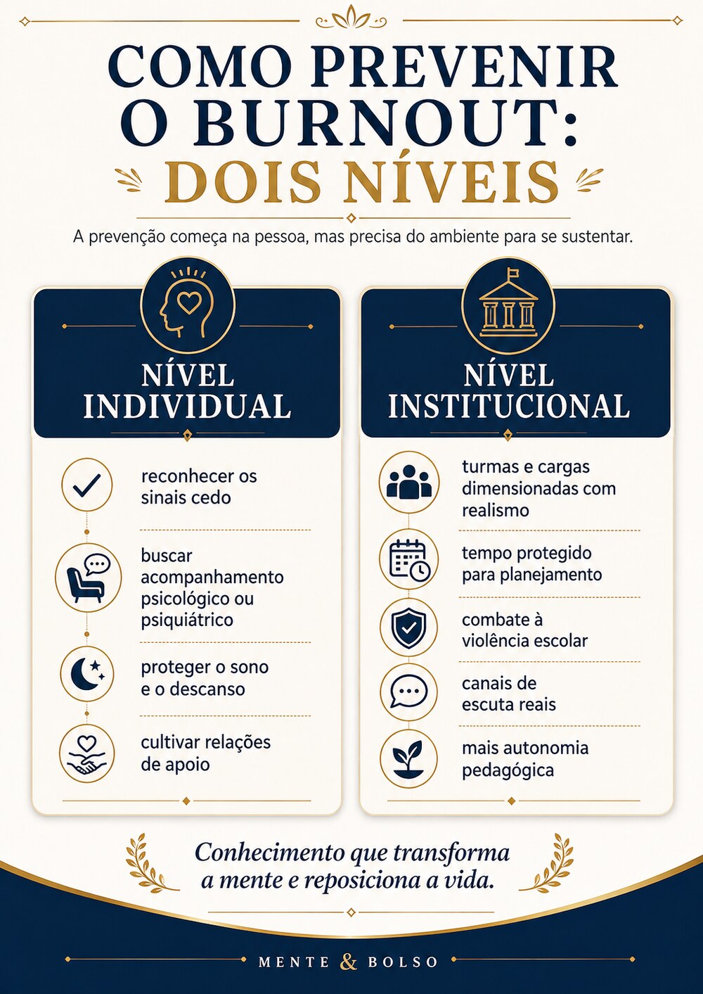 Infográfico com dois níveis de prevenção do burnout: nível individual e nível institucional, com suas respectivas ações