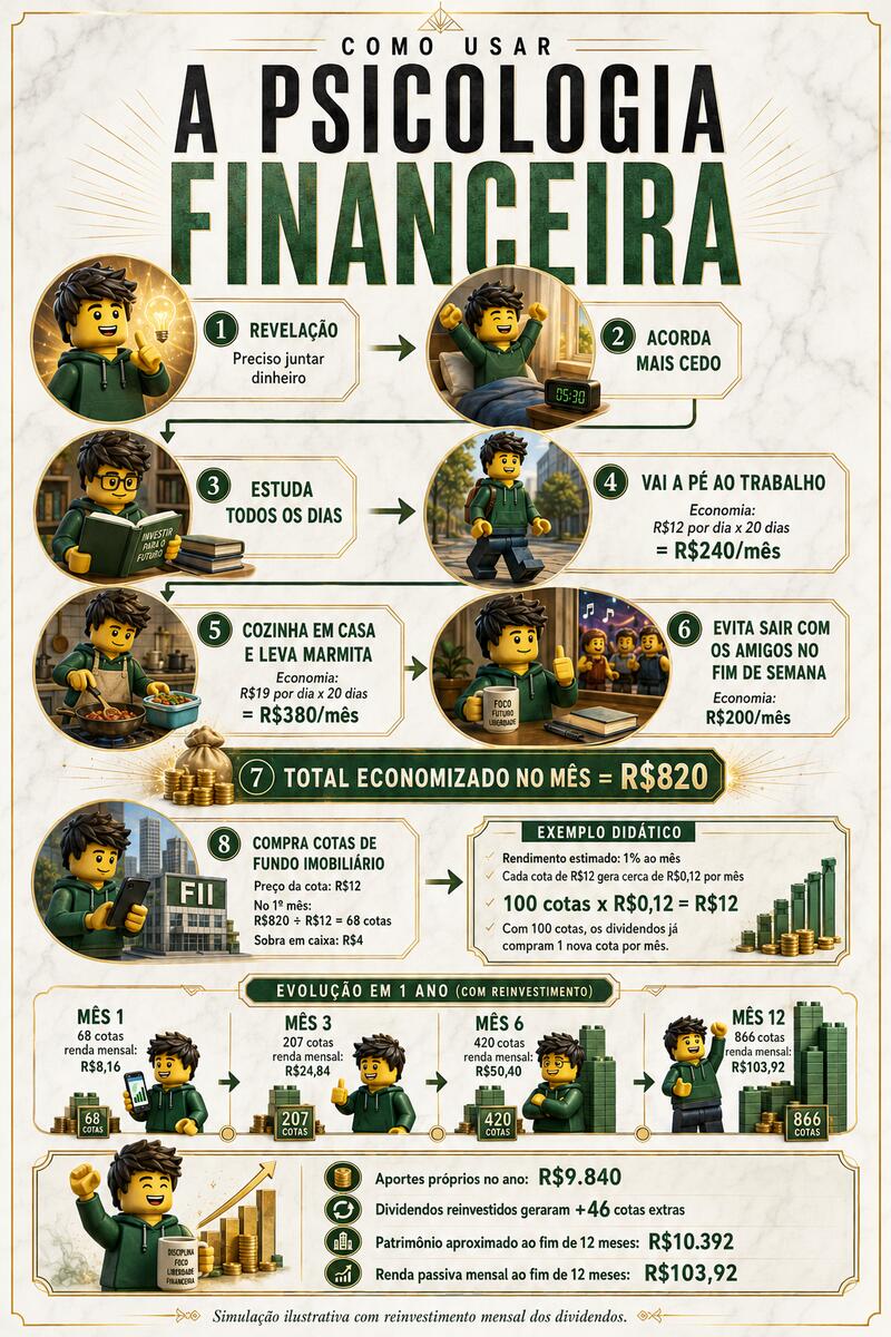 Infográfico mostrando como pequenos hábitos de economia, como acordar mais cedo, cozinhar em casa e ir a pé ao trabalho, geram dinheiro para investir em fundos imobiliários