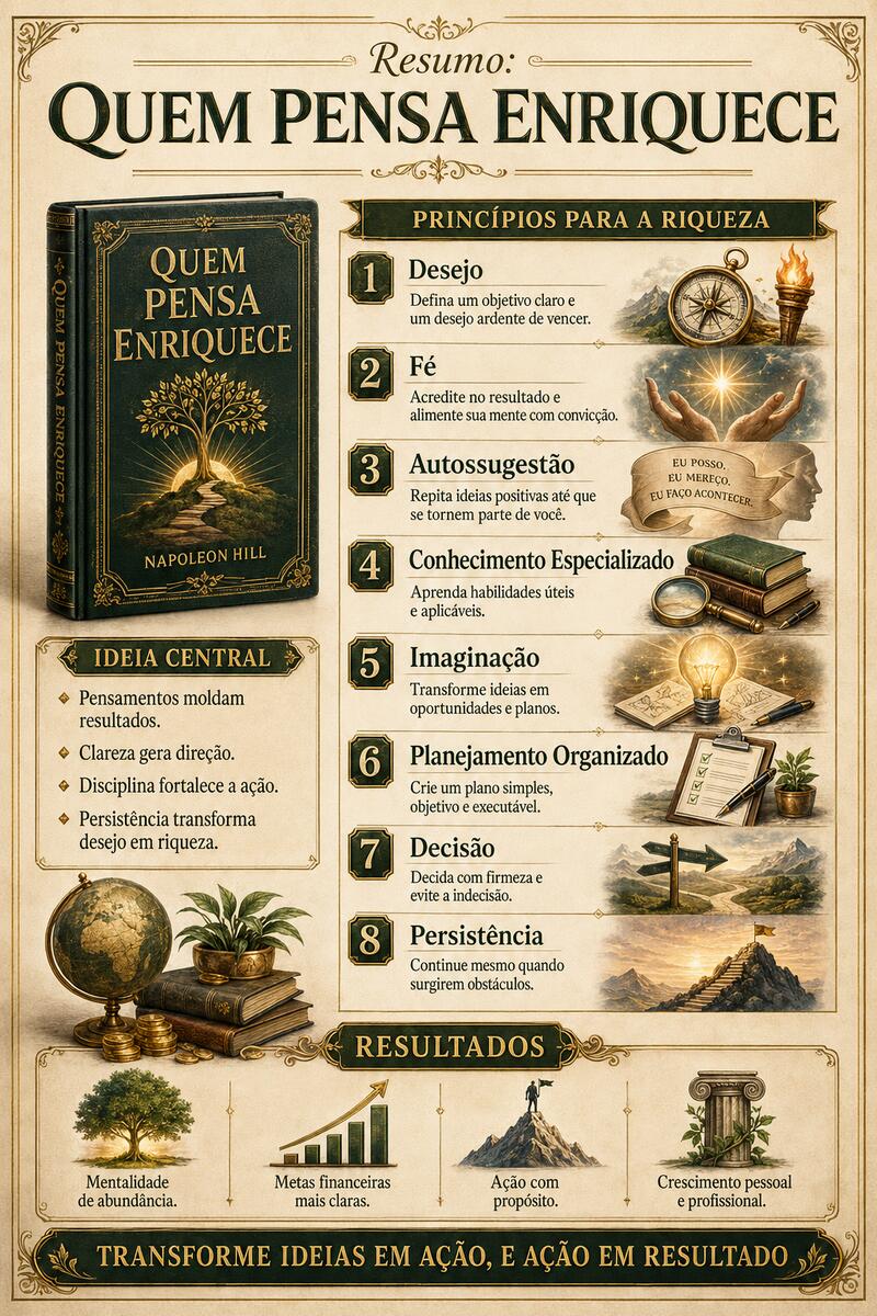 Infográfico resumindo os 8 princípios do livro Quem Pensa Enriquece, de Napoleon Hill: desejo, fé, autossugestão, conhecimento especializado, imaginação, planejamento, decisão e persistência