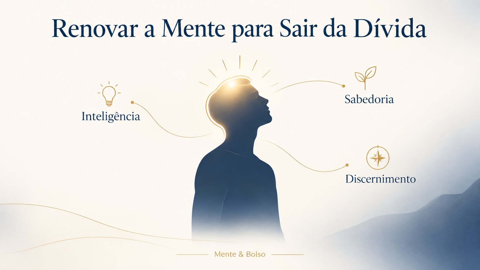 Imagem conceitual representando a mente se renovando para sair da dívida, com as palavras inteligência, sabedoria e discernimento