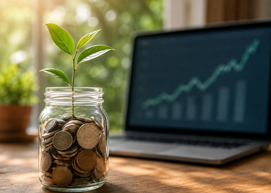 Pequena planta brotando de dentro de um vidro cheio de moedas sobre uma mesa de madeira, notebook desfocado ao fundo mostrando gráfico de crescimento