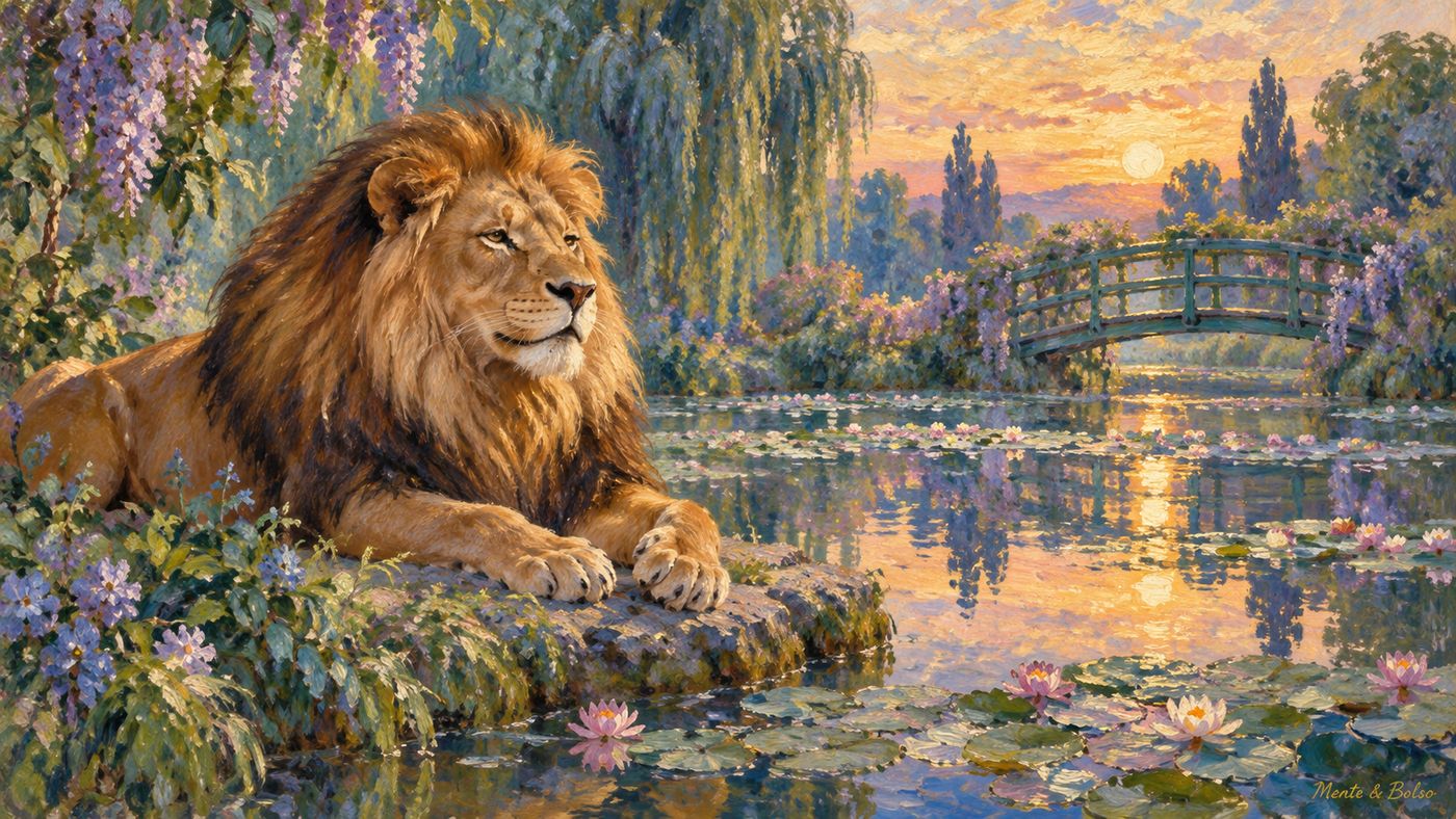 Pintura no estilo impressionista de um leão sereno deitado à beira de um lago com nenúfares e uma ponte japonesa ao pôr do sol