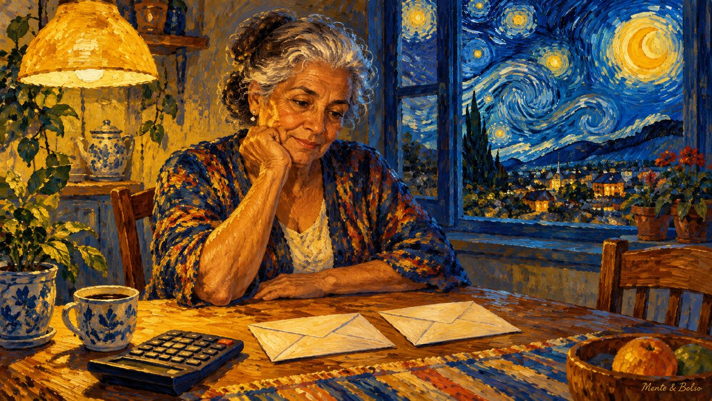 Pintura no estilo de Van Gogh de uma senhora aposentada sentada à noite na mesa da cozinha, olhando dois envelopes ao lado de uma calculadora e uma xícara de café, com um céu estrelado em redemoinhos na janela