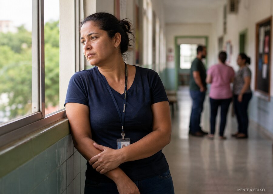 Professora sozinha no corredor da escola, encostada na parede, olhando para fora pela janela, evitando o contato com colegas ao fundo