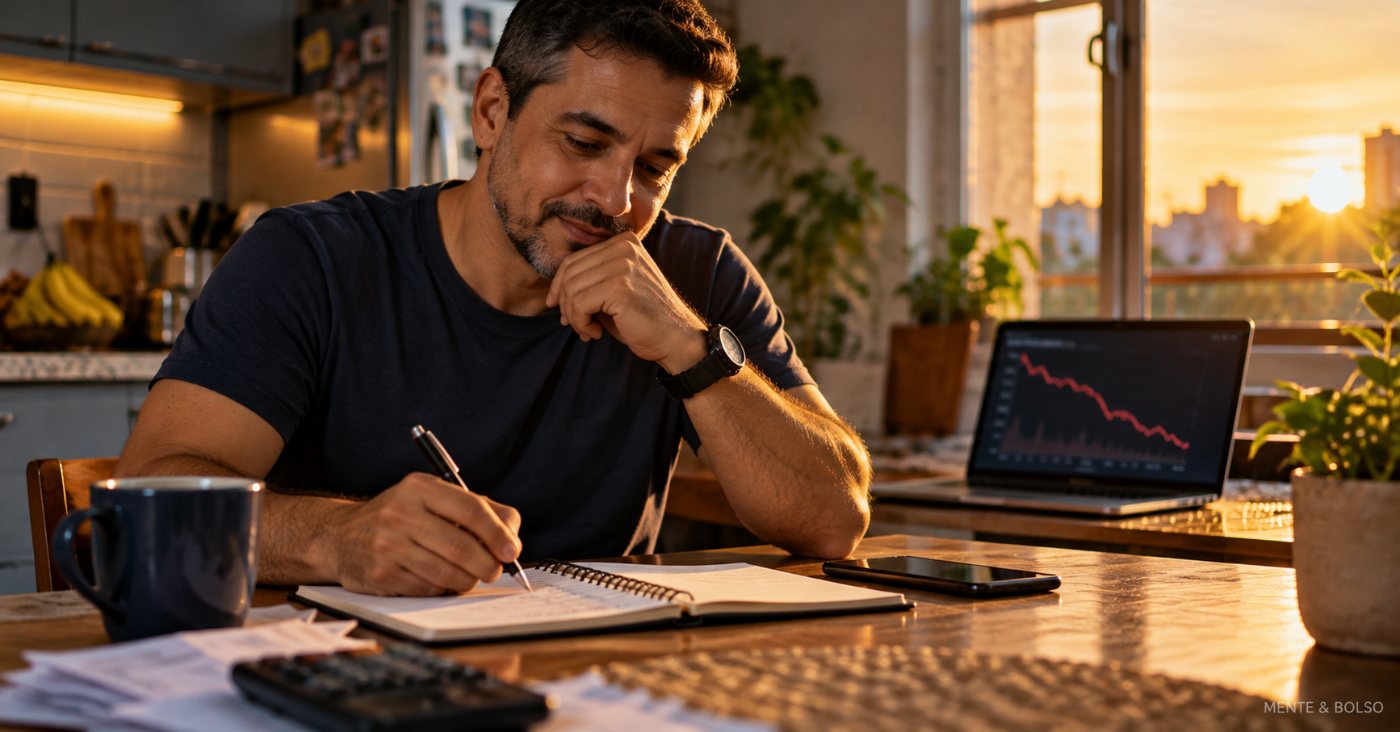 Homem brasileiro sentado à mesa da cozinha ao entardecer, anotando as finanças num caderno, com um notebook ao fundo mostrando um gráfico em queda