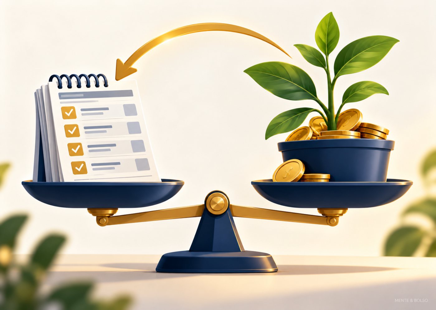 Ilustração de uma balança equilibrada com um carnê de parcelas de um lado e uma planta crescendo num vaso cheio de moedas do outro, com uma seta indo do investimento para o carnê