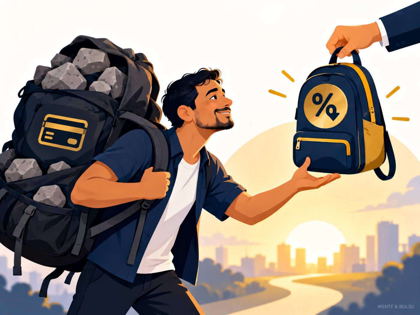 Ilustração de um homem carregando uma mochila pesada cheia de pedras, com o símbolo de cartão de crédito, recebendo uma mochila leve com o símbolo de porcentagem