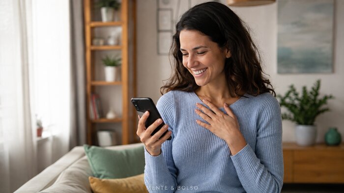 Mulher sorrindo aliviada ao celular em casa, com a mão no peito, como quem acabou de ver uma boa notícia na tela