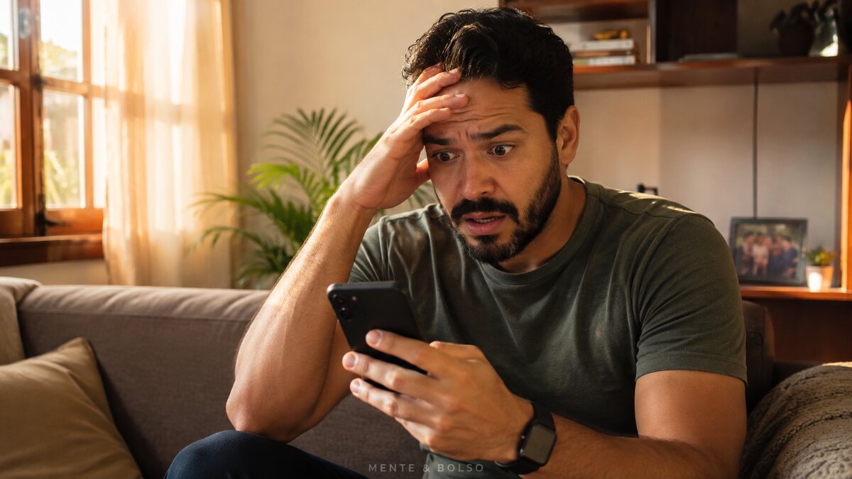 Homem sentado no sofá em casa, olhando para o celular com expressão de preocupação ao ver que sua declaração está com pendências