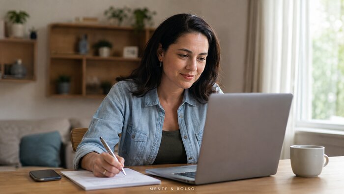 Mulher em casa consultando o extrato da declaração no notebook e anotando informações em um papel ao lado