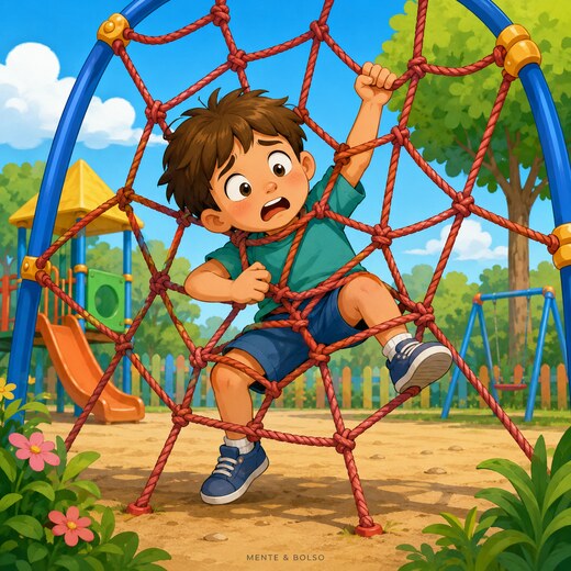 Ilustração de um menino preso em uma rede de brinquedo de playground, representando de forma bem-humorada o que é cair na malha fina