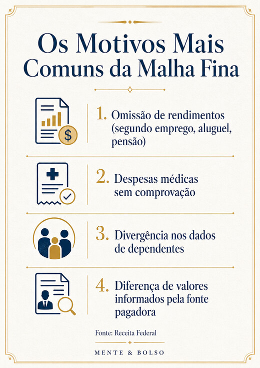 Infográfico com os quatro motivos mais comuns da malha fina: omissão de rendimentos, despesas médicas sem comprovação, divergência nos dados de dependentes e diferença de valores informados pela fonte pagadora